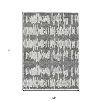 5' X 8' Gray And Ivory Striped Washable Indoor Outdoor Area Rug