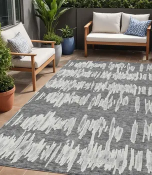 5' X 8' Gray And Ivory Striped Washable Indoor Outdoor Area Rug