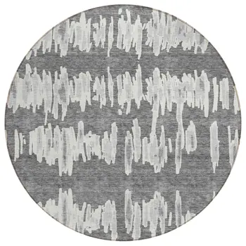 8' Gray And Ivory Round Striped Washable Indoor Outdoor Area Rug