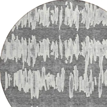 8' Gray And Ivory Round Striped Washable Indoor Outdoor Area Rug