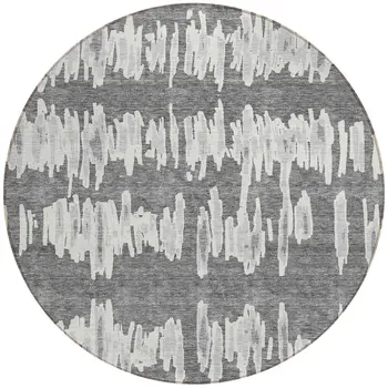 8' Gray And Ivory Round Striped Washable Indoor Outdoor Area Rug