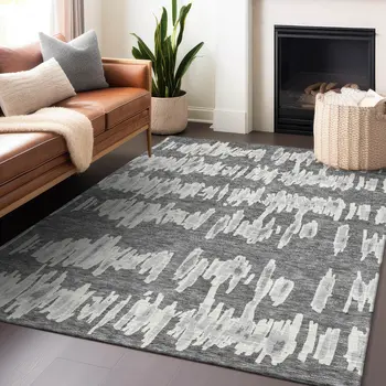 10' X 14' Gray And Ivory Striped Washable Indoor Outdoor Area Rug