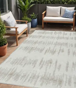 5' X 8' Ivory Brown And Gray Striped Washable Indoor Outdoor Area Rug