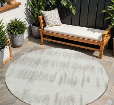 8' Ivory Brown And Gray Round Striped Washable Indoor Outdoor Area Rug