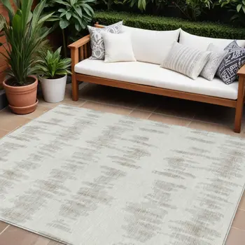8' X 10' Ivory Brown And Gray Striped Washable Indoor Outdoor Area Rug