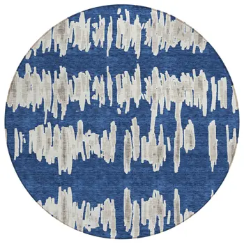 8' Navy Blue Gray And Ivory Round Striped Washable Indoor Outdoor Area Rug