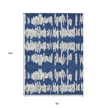 8' X 10' Navy Blue Gray And Ivory Striped Washable Indoor Outdoor Area Rug