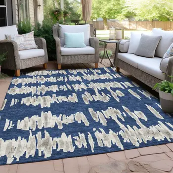 8' X 10' Navy Blue Gray And Ivory Striped Washable Indoor Outdoor Area Rug