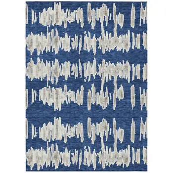 8' X 10' Navy Blue Gray And Ivory Striped Washable Indoor Outdoor Area Rug