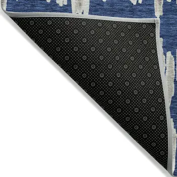 8' X 10' Navy Blue Gray And Ivory Striped Washable Indoor Outdoor Area Rug