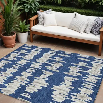 10' X 14' Navy Blue Gray And Ivory Striped Washable Indoor Outdoor Area Rug