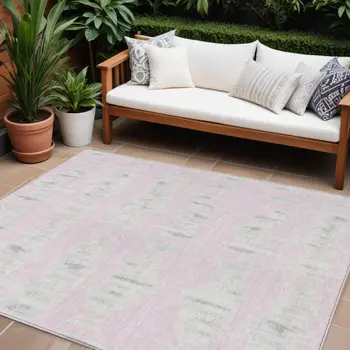10' X 14' Pink And Gray Striped Washable Indoor Outdoor Area Rug