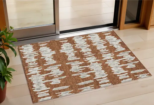 3' X 5' Brown And Gray Striped Washable Indoor Outdoor Area Rug