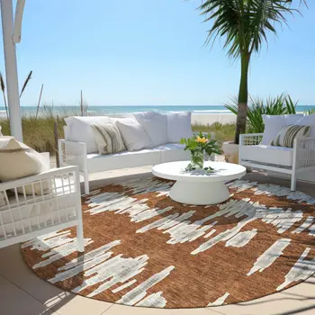 8' Brown And Gray Round Striped Washable Indoor Outdoor Area Rug