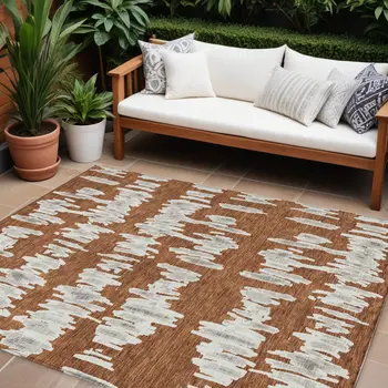 8' X 10' Brown And Gray Striped Washable Indoor Outdoor Area Rug