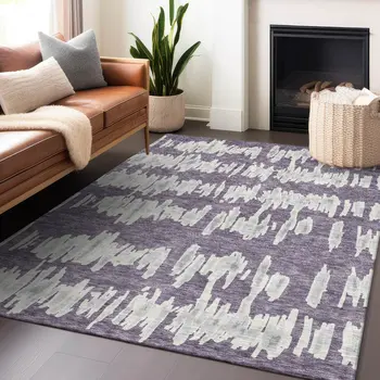 5' X 8' Purple And Gray Striped Washable Indoor Outdoor Area Rug