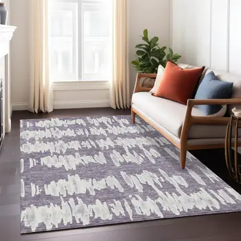 5' X 8' Purple And Gray Striped Washable Indoor Outdoor Area Rug