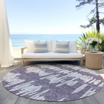 8' Purple And Gray Round Striped Washable Indoor Outdoor Area Rug
