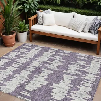 9' X 12' Purple And Gray Striped Washable Indoor Outdoor Area Rug