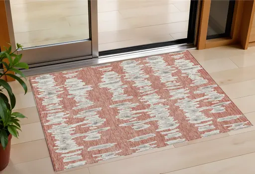 3' X 5' Salmon And Gray Striped Washable Indoor Outdoor Area Rug