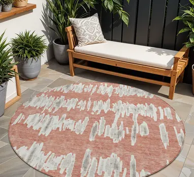 8' Salmon And Gray Round Striped Washable Indoor Outdoor Area Rug