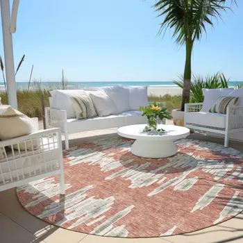 8' Salmon And Gray Round Striped Washable Indoor Outdoor Area Rug
