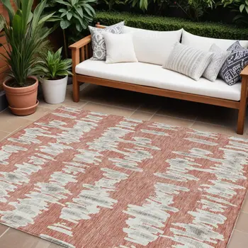 8' X 10' Salmon And Gray Striped Washable Indoor Outdoor Area Rug