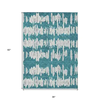 3' X 5' Teal Blue And Gray Striped Washable Indoor Outdoor Area Rug