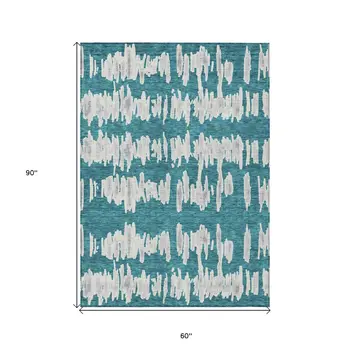 5' X 8' Teal Blue And Gray Striped Washable Indoor Outdoor Area Rug