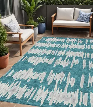 5' X 8' Teal Blue And Gray Striped Washable Indoor Outdoor Area Rug