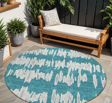 8' Teal Blue And Gray Round Striped Washable Indoor Outdoor Area Rug