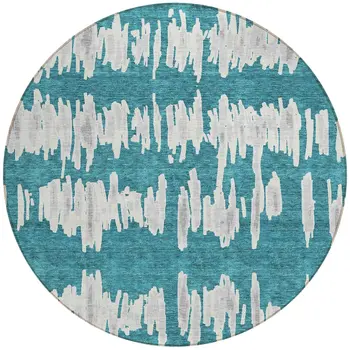8' Teal Blue And Gray Round Striped Washable Indoor Outdoor Area Rug