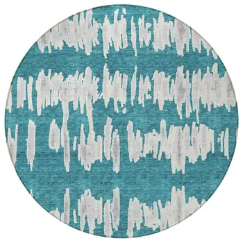 8' Teal Blue And Gray Round Striped Washable Indoor Outdoor Area Rug