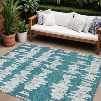 8' X 10' Teal Blue And Gray Striped Washable Indoor Outdoor Area Rug