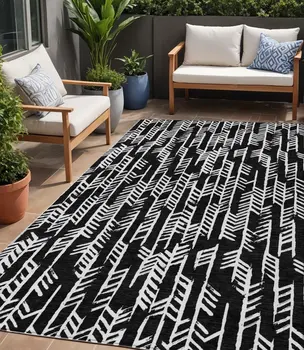5' X 8' Black And Ivory Tribal Washable Indoor Outdoor Area Rug