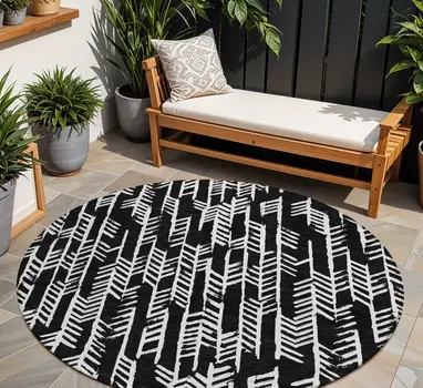 8' Black And Ivory Round Tribal Washable Indoor Outdoor Area Rug