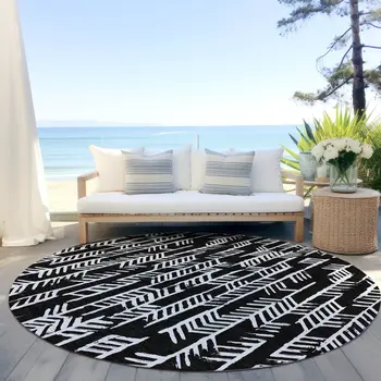 8' Black And Ivory Round Tribal Washable Indoor Outdoor Area Rug