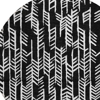 8' Black And Ivory Round Tribal Washable Indoor Outdoor Area Rug