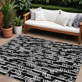 9' X 12' Black And Ivory Tribal Washable Indoor Outdoor Area Rug