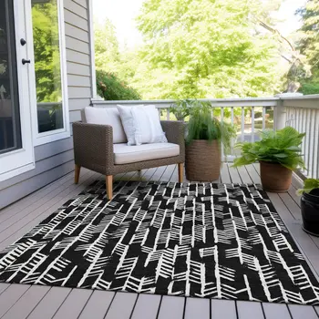 9' X 12' Black And Ivory Tribal Washable Indoor Outdoor Area Rug