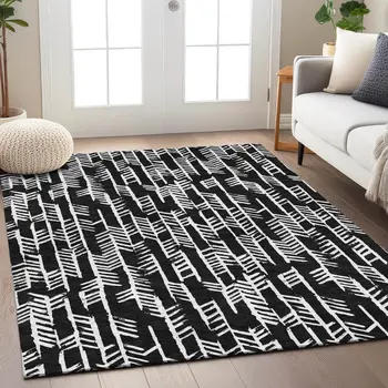 9' X 12' Black And Ivory Tribal Washable Indoor Outdoor Area Rug