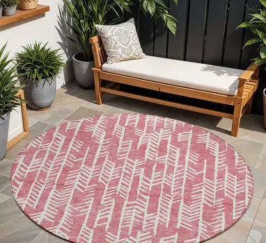 8' Blush And Ivory Round Tribal Washable Indoor Outdoor Area Rug