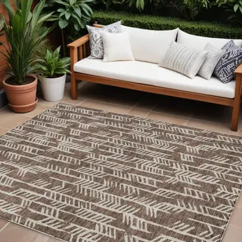 10' X 14' Brown And Beige Tribal Washable Indoor Outdoor Area Rug