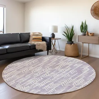 8' Lavender And Ivory Round Tribal Washable Indoor Outdoor Area Rug
