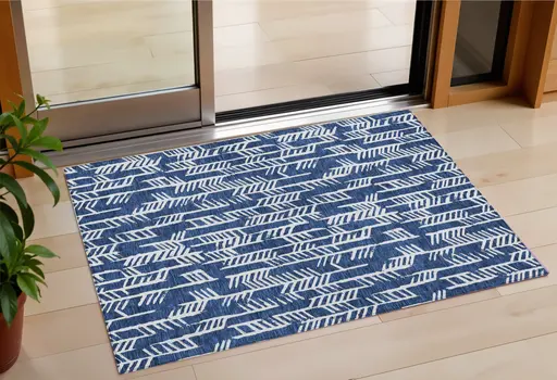3' X 5' Navy Blue And Ivory Tribal Washable Indoor Outdoor Area Rug