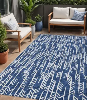 5' X 8' Navy Blue And Ivory Tribal Washable Indoor Outdoor Area Rug