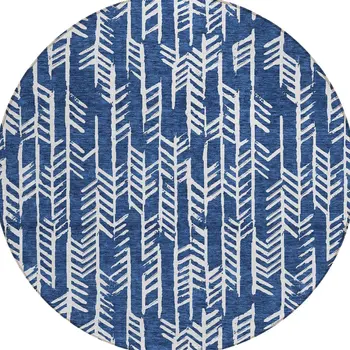 8' Navy Blue And Ivory Round Tribal Washable Indoor Outdoor Area Rug