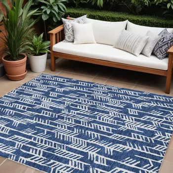 8' X 10' Navy Blue And Ivory Tribal Washable Indoor Outdoor Area Rug