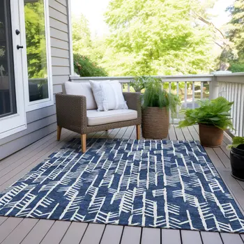 8' X 10' Navy Blue And Ivory Tribal Washable Indoor Outdoor Area Rug