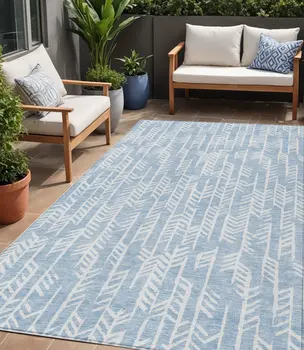 5' X 8' Sky Blue And Ivory Tribal Washable Indoor Outdoor Area Rug